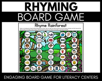 Pode incluir: Um jogo de tabuleiro colorido para crianças com tema de floresta tropical. O tabuleiro do jogo tem uma cena de selva com animais, plantas e um caminho a seguir. O jogo se chama "Rhyme Rainforest" e incentiva os jogadores a encontrar palavras que rimam.