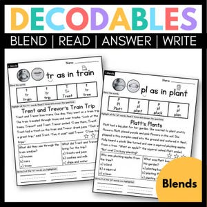 Könnte beinhalten: Zwei pädagogische Arbeitsblätter mit der Überschrift DECODABLES BLEND | READ | ANSWER | WRITE. Ein Blatt konzentriert sich auf tr-Kombinationen mit der Geschichte Trent and Trevor's Train Trip, das andere auf pl-Kombinationen mit Platt's Plants.