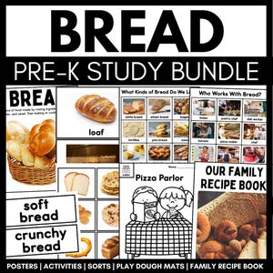 Könnte beinhalten: Ein Pre-K-Studienpaket mit dem Wort "BREAD" in großen, fetten Buchstaben. Das Bild zeigt verschiedene Brotsorten, ein Brotlaib und eine "Pizza Parlor"-Illustration. Der Text enthält "soft bread", "crunchy bread" und "Our Family Recipe Book".