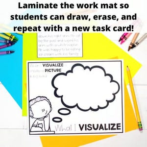 May include: A white rectangular task card with black outlines featuring a cartoon child and a large thought bubble. The text reads: "Laminate the work mat so students can draw, erase, and repeat with a new task card!" and "VISUALIZE create a PICTURE in my mind! What I VISUALIZE."