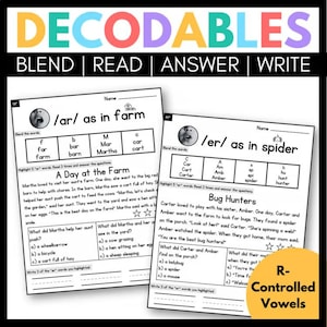 Könnte beinhalten: Zwei pädagogische Arbeitsblätter mit der Überschrift DECODABLES und den Titeln /ar/ as in farm sowie /er/ as in spider. Jede Seite enthält eine Worttabelle, einen kurzen Lesetext, Multiple-Choice-Fragen und Zeilen zum Schreiben.