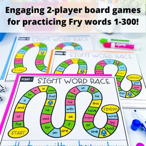 May include: Three colorful game boards with a pink, green, and blue path for a game called "Sight Word Race". The game boards feature a variety of sight words, including "is", "you", "that", "they", "his", "with", "as", "it", "are", "on", "at", "be", "this", "have", "from", "or", "one", "had", "give", "st", "just", "our", "things", "after", "know", "back", "place", "year", "may", "did", "day", "get", "atop", "Indian", "re", "me".