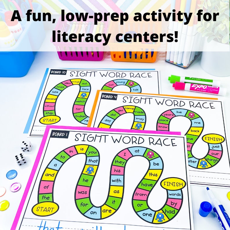May include: Four colorful game boards with the title "Sight Word Race" and a monster graphic. Each board has a different set of sight words written on the spaces. The boards are designed for a game where players move their game pieces around the board, landing on different sight words.