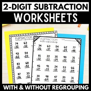 May include: Two educational worksheets featuring 2-digit subtraction problems. One sheet is titled Subtraction without regrouping and the other is titled Subtraction with regrouping. The pages are printed in black ink on white paper with decorative borders.