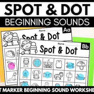 Puede incluir: Hojas de trabajo imprimibles en blanco y negro para que los niños practiquen los sonidos iniciales. Las hojas de trabajo presentan una actividad de puntos y puntos con imágenes de objetos que comienzan con las letras A y B. Las hojas de trabajo están etiquetadas como "Spot & Dot" e incluyen las letras "Aa" y "Bb".