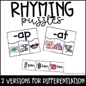 Könnte beinhalten: Lern-Reim-Puzzles mit dem Text RHYMING PUZZLES und 2 VERSIONS FOR DIFFERENTIATION. Die Karten zeigen die Wortendungen -ap und -at mit Illustrationen wie eine Karte, ein Wasserhahn, ein Nickerchen, eine Katze, eine Mütze, eine Maus sowie Stift, Henne und zehn.
