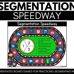 May include: A colorful game board with a race track design. The game is called "Segmentation Speedway" and is designed to help children practice segmenting words into sounds. The board features a spinner, a finish line, and spaces for players to move their game pieces.