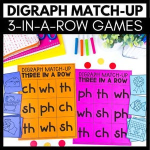 Peut inclure: Deux feuilles de jeu éducatives intitulées Digraph Match-Up Three In A Row, une orange et une rose, avec des grilles de digraphes. Inclut des cartes bleues avec des illustrations au trait de fromage, un bain et une main, plus des marqueurs.