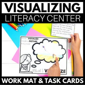 May include: A literacy center work mat and task card set featuring the text VISUALIZING LITERACY CENTER and WORK MAT & TASK CARDS. The mat shows a cartoon character thinking about a beach scene with a kite, while the task card contains a short story.