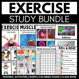 May include: A colorful printable pack for teaching kids about exercise. The pack includes posters, activity sheets, sorts, coloring pages, and a class book. The pack features illustrations of kids doing different types of exercise, such as running, jumping, and swimming. The pack also includes a weekly exercise tracker.