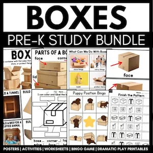 May include: A pre-K study bundle titled BOXES featuring educational posters, worksheets, and activities. The materials include diagrams of box parts, a puppy position bingo game, pattern completion exercises, and illustrations of boxes used for storage, building, and play.