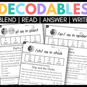 May include: Black and white printable worksheet for children to practise blending sounds and reading words. The worksheet features three different sound blends: 'pl', 'er', and 'ch'. Each blend is illustrated with a cartoon face and includes a set of words to practise reading.