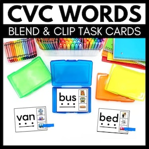 CVC Word Blending Task Cards | Short Vowel Clip Cards PreK Kindergarten 1st Grade
