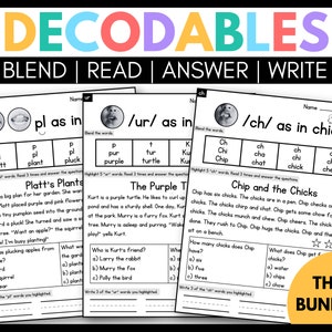 May include: Three printable worksheets for teaching phonics to young learners. The worksheets feature the sounds /pl/, /ur/, and /ch/ with examples of words and short reading passages. The worksheets are titled "Platt's Plants", "The Purple Turtle", and "Chip and the Chicks".