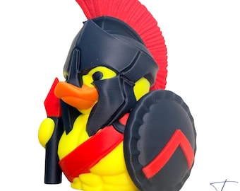 Red & Black Gladiator/Spartan Duck – Spartan Helmet Duck, 3D Printed Hard Plastic, Multiple Colors (Red, Orange, Purple, Green and Gold)