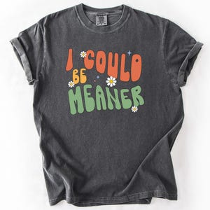 May include: A dark gray t-shirt with a vintage-style graphic that says "I could be meaner" in orange, green, and yellow letters with white daisies.