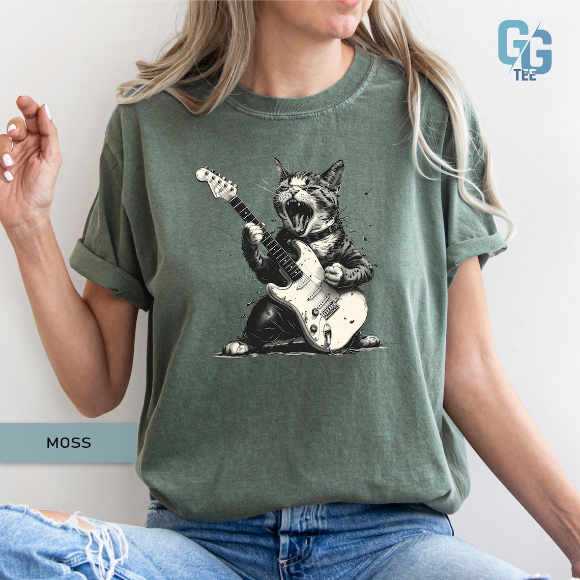 T-Shirt Rock Chat Avec Guitare - Motif Drôle Chat Guitariste Homme Femme