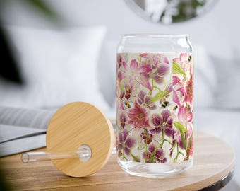 Pink Floral Watercolor Pattern Sipper Glass | 16oz
