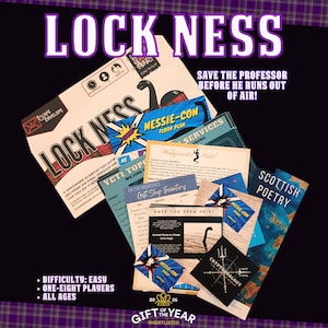 May include: A collection of themed paper ephemera with the title "LOCK NESS" in large purple letters. The image includes various documents, maps, and cards, with text such as "Nessie-Con" and "Scottish Poetry". The game is described as easy, for 1-8 players, and all ages.