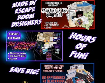 Drei Escape-Room-Spiele: Spuk in den Highlands, Die Mitternachts-Spielhalle und Verschwinden in Blackridge!