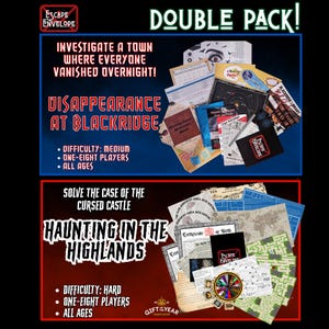 May include: A double pack of Escape Envelope games. The top game is "Disappearance at Blackridge", and the bottom game is "Haunting in the Highlands". Each game includes various documents, maps, and clues. The difficulty levels are medium and hard, respectively.