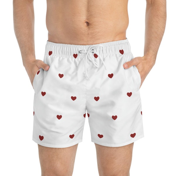 Hearts Swim Trunks | Red Hearts Aesthetic | Red Hearts on White | Heart Pattern Men's Swimwear | Valentine's Gift Idea | Love Heart Shorts