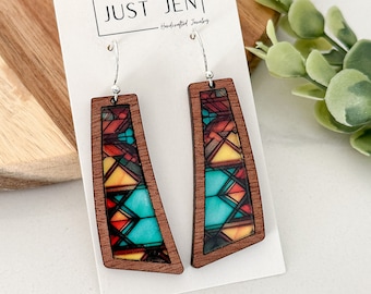 Southwestern Mosaic Stained Glass Earrings // Acrylic // Sapele Wood // Flare Earrings // Statement Earrings // Gift for Her