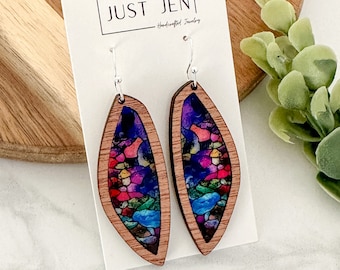 Mosaic Stained Glass Earrings // Mahogany Wood // Colorful Statement Earrings // Patterned Acrylic // Gift for Her