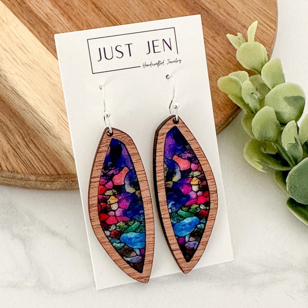 Mosaic Stained Glass Earrings // Mahogany Wood // Colorful Statement Earrings // Patterned Acrylic // Gift for Her