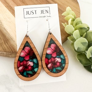 Cherry Blossom Stained Glass Earrings // Teardrop // Wooden Earrings // Statement Earrings // Patterned Acrylic // Gift for Her