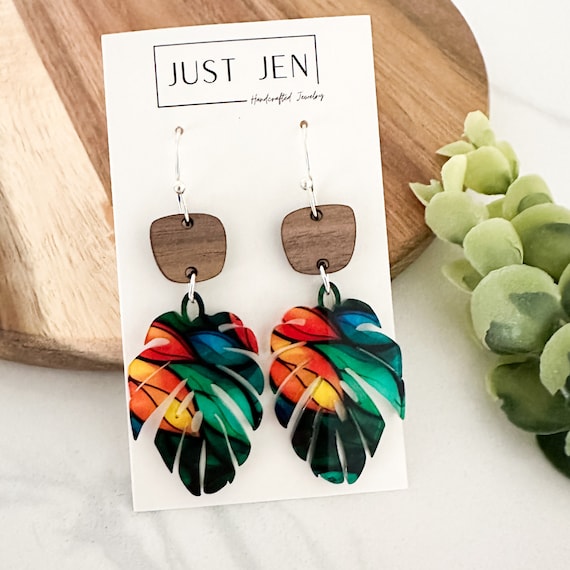 Rainbow Leaves Monstera Leaf Earrings // Walnut Wood // Tropical Vacation // Colorful Statement Earrings // Mother’s Day Gift // Acrylic