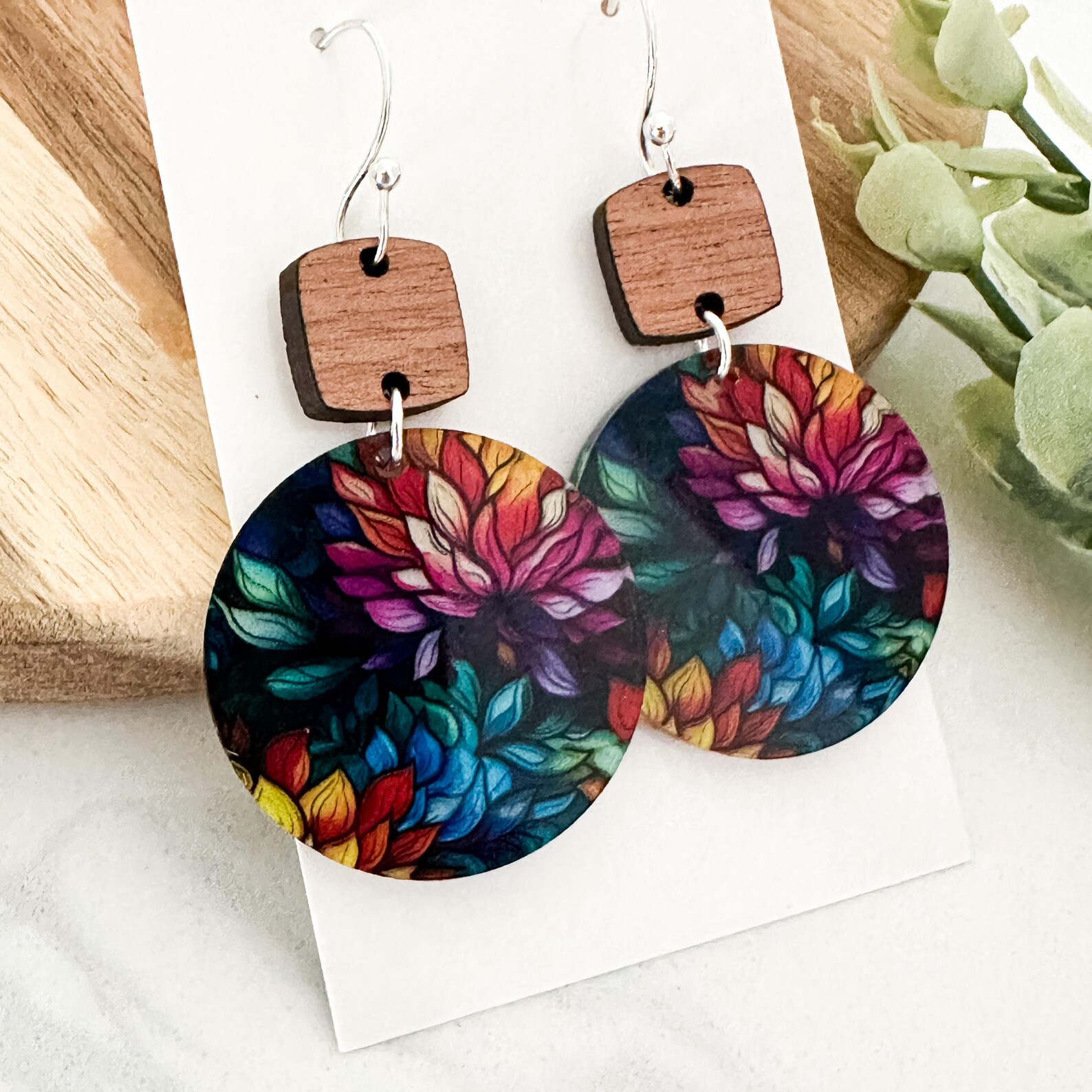 Rainbow Floral Wood & Acrylic Earrings // Dahlia Flower // Colorful ...