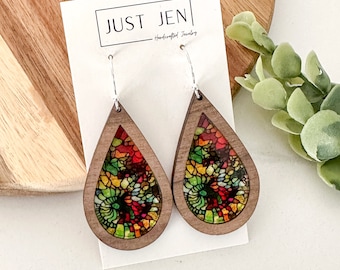 Mosaic Stained Glass Earrings // Teardrop // Walnut Wood // Colorful Statement Earrings // Acrylic // Gift for Her // Mother’s Day Gift