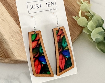 Mosaic Leaves Stained Glass Earrings // Acrylic // Cherry Wood // Flare Earrings // Statement Earrings // Gift for Her
