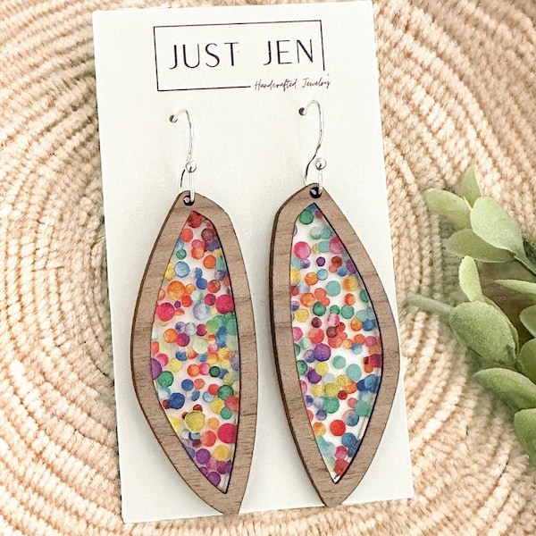 Rainbow Dots Earrings // Walnut Wood // Colorful Statement Earrings // Patterned Acrylic // Gift for Her // Confetti