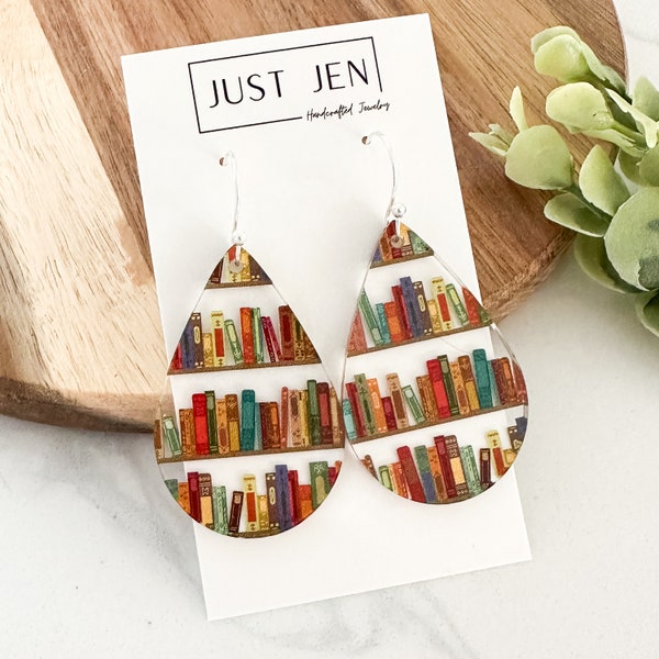Book Lovers Earrings // Teacher Earrings // Teardrop // Cherry Wood // Statement Earrings // Gift for Librarian // Book Club