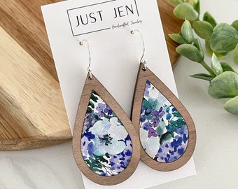 Blueberry Floral Teardrop Earrings // Walnut Wood // Statement Earrings // Gift for Her