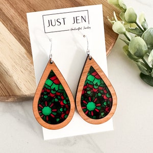 Christmas Mosaic Stained Glass Earrings // Teardrop // Cherry Wood // Red and Green Statement Earrings // Patterned Acrylic