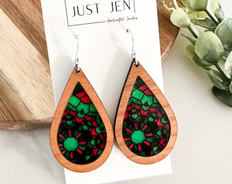 Christmas Mosaic Stained Glass Earrings // Teardrop // Cherry Wood // Red and Green Statement Earrings // Patterned Acrylic