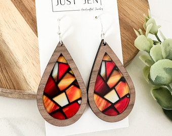 Fall Stained Glass Mosaic Earrings // Candy Corn // Orange // Teardrop // Walnut Wood // Statement Earrings // Halloween Jewelry