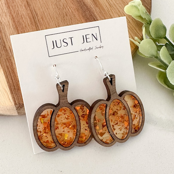 Pumpkin Orange Glitter Flake Earrings // Halloween // Fall Autumn // Wood and Acrylic Earrings // Gift for Her