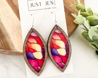 Sunset Mosaic Stained Glass Earrings // Walnut Wood // Colorful Statement Earrings // Petal Shape// Patterned Acrylic // Gift for Her