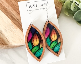 Mosaic Leaves Stained Glass Earrings // Cherry Wood // Colorful Statement Earrings // Petal Shape// Patterned Acrylic // Gift for Her