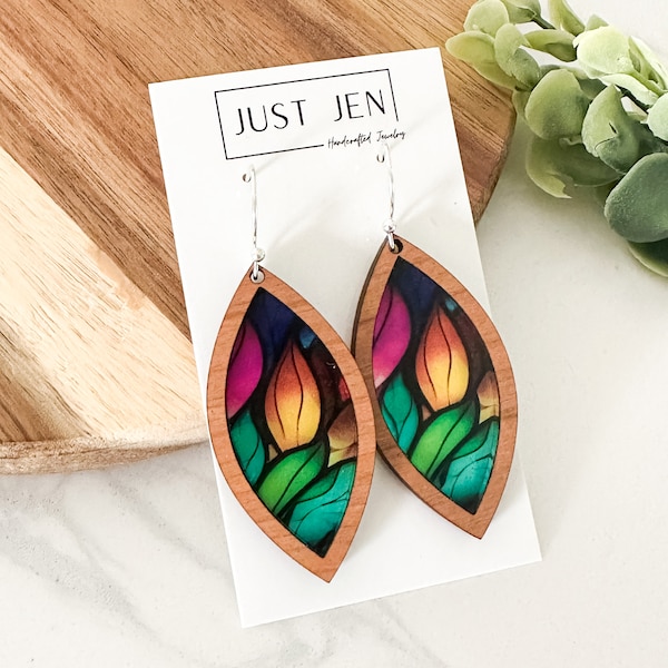 Mosaic Leaves Stained Glass Earrings // Cherry Wood // Colorful Statement Earrings // Petal Shape// Patterned Acrylic // Gift for Her