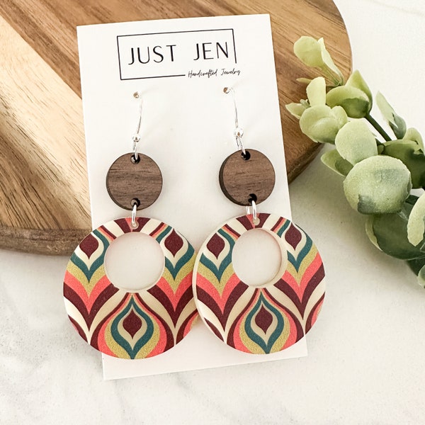 Retro Circle Hoop Earrings // Mid-Century Modern // Walnut Wood // Colorful Statement Earrings // Mother’s Day Gift // Rainbow
