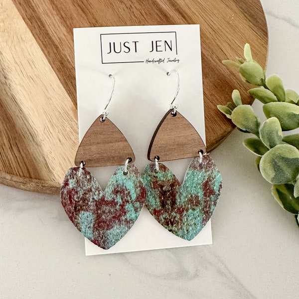 Rusted Turquoise Patina Leather and Walnut Wood Earrings // Statement Earrings // Gift for Her // Boho Earrings