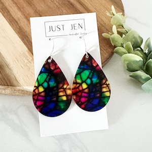 Shattered Rainbow Stained Glass Earrings // Patterned Acrylic // Teardrop // Statement Earrings // Gift for Her // Colorful Jewelry