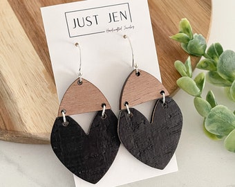 Black Cork and Walnut Wood Earrings // Statement Earrings // Boho Style // Mother’s Day // Gift for Her