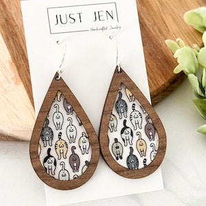 Cat Butts Earrings // Cat Lover Earrings // Teardrop // Walnut Wood // Statement Earrings // Funny Gift for Her