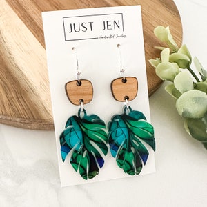 Green & Blue Monstera Leaf Earrings // Cherry Wood // Tropical Vacation Earrings // Colorful Statement Earrings // Mother’s Day Gift